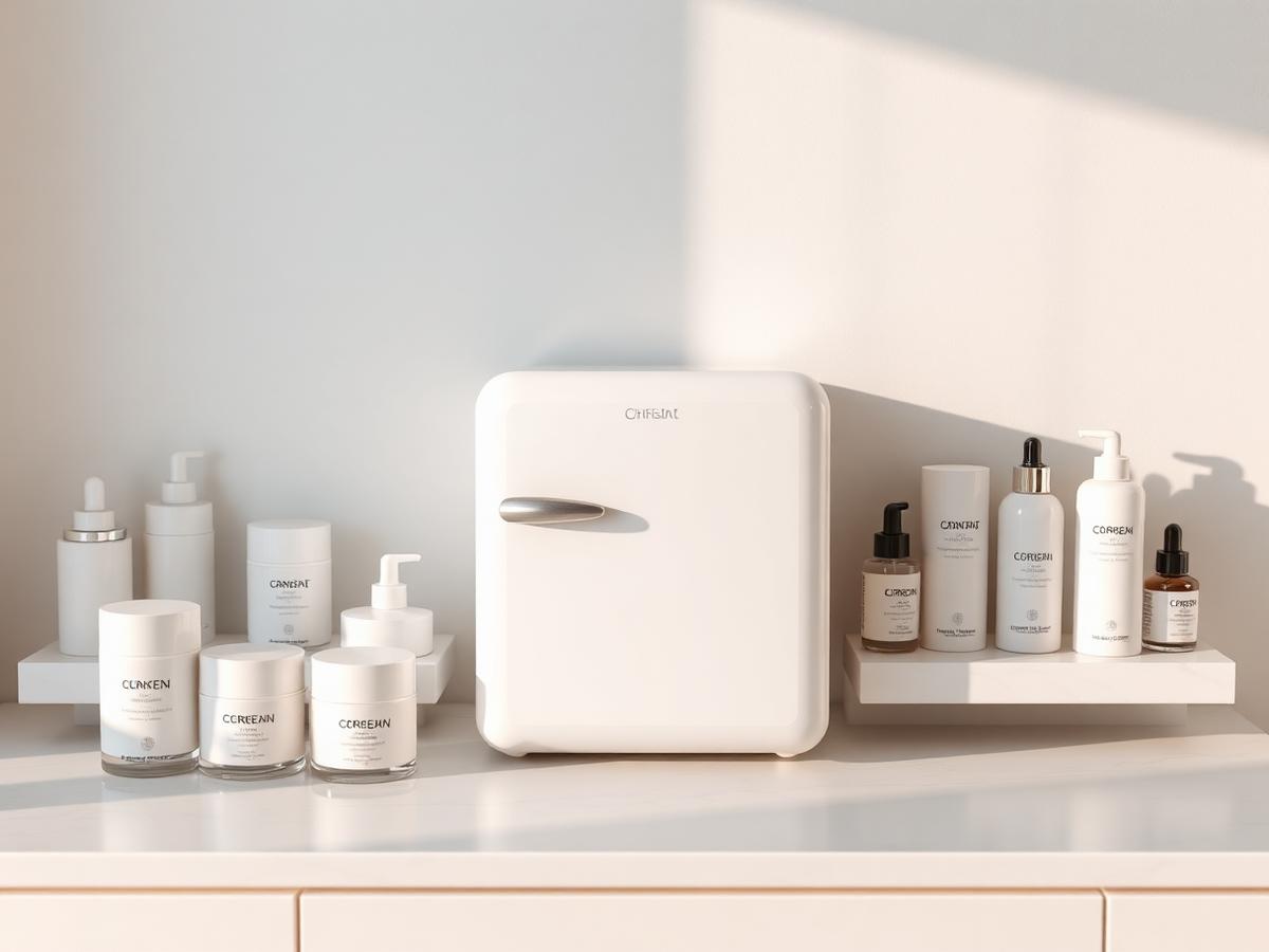 White skincare mini fridge on a vanity with beauty products