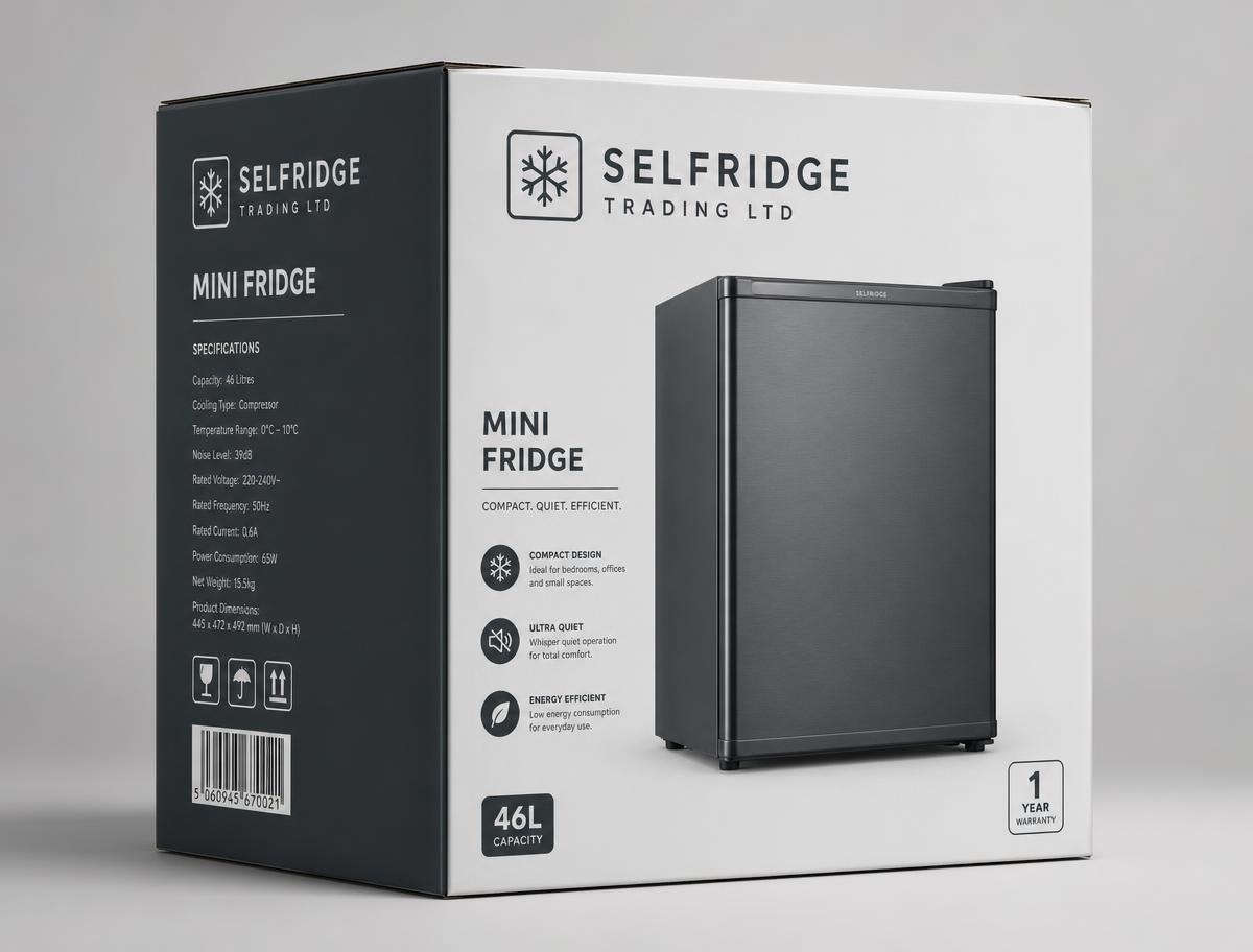 Mini fridge product packaging printed with the SELFRIDGE TRADING LTD logo