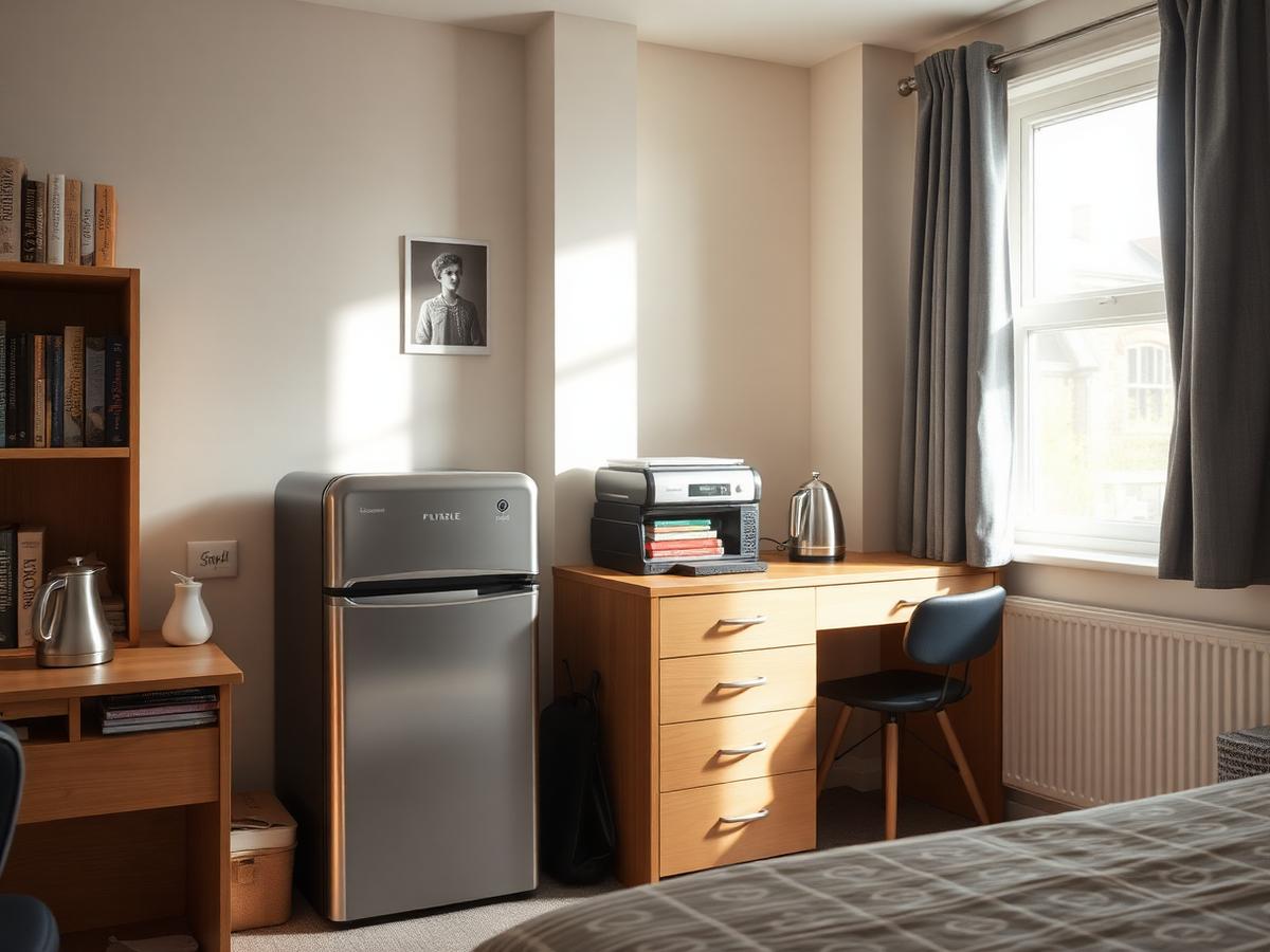 Silver mini fridge in a student accommodation room
